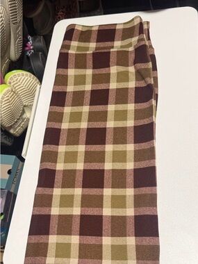 LuLaRoe Plaid Pencil Skirt in Brown, Olive & Pink